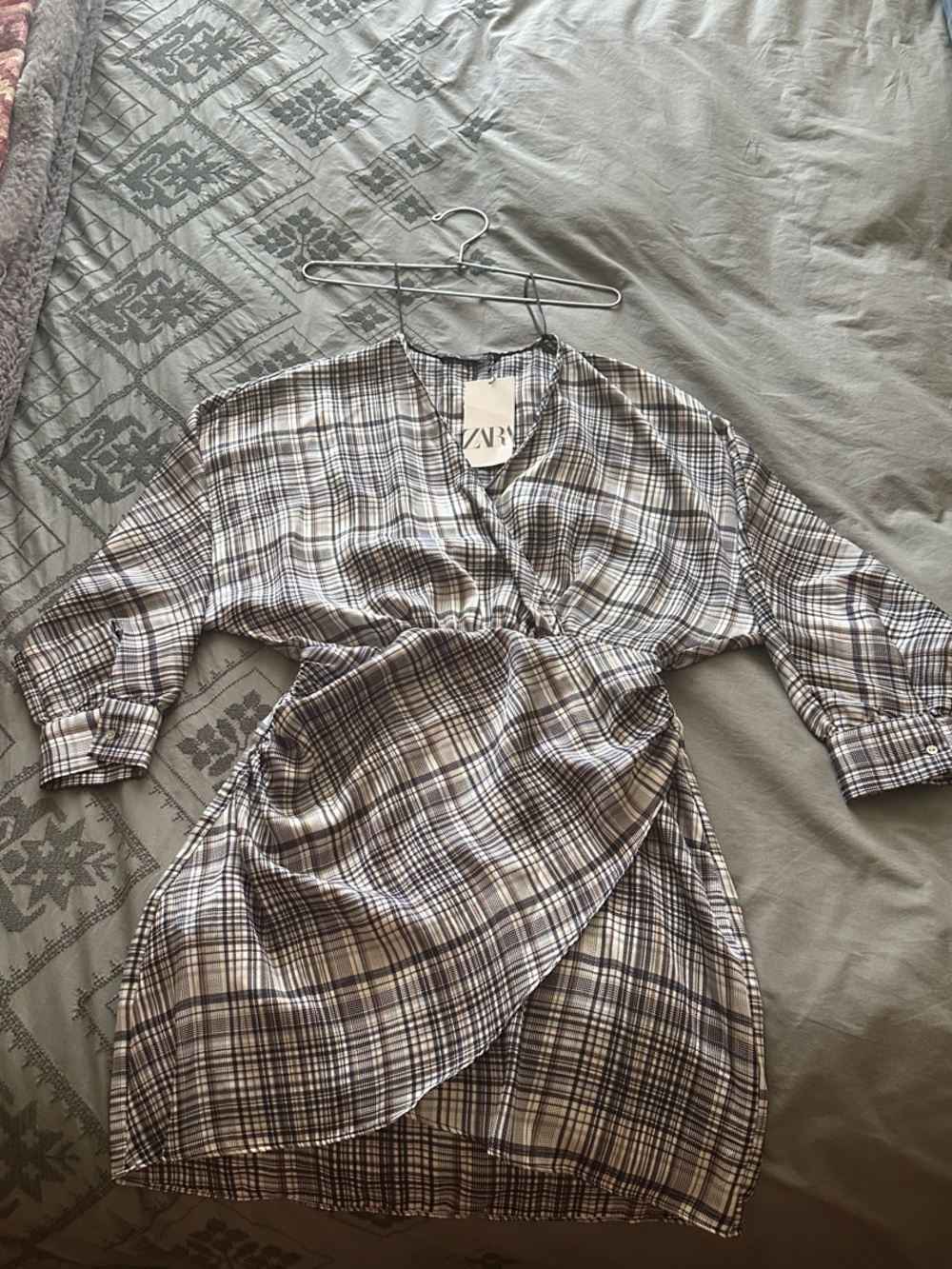 Zara Plaid Wrap Shirt Dress in Brown, Cream and Black